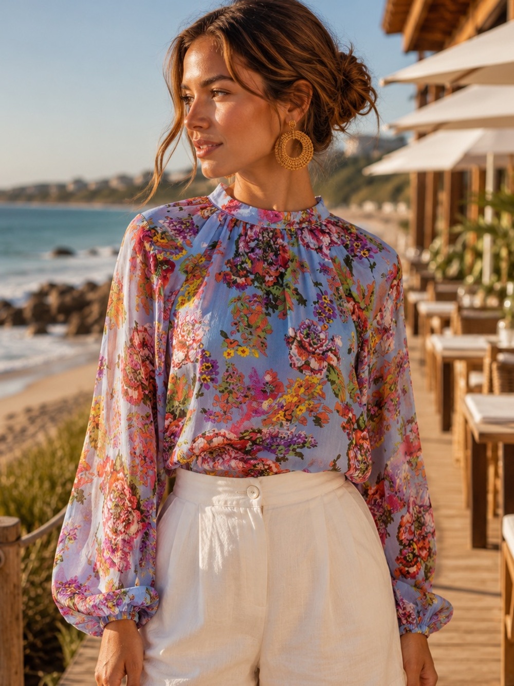 Hazel Floral Blouse in Blue and Pink